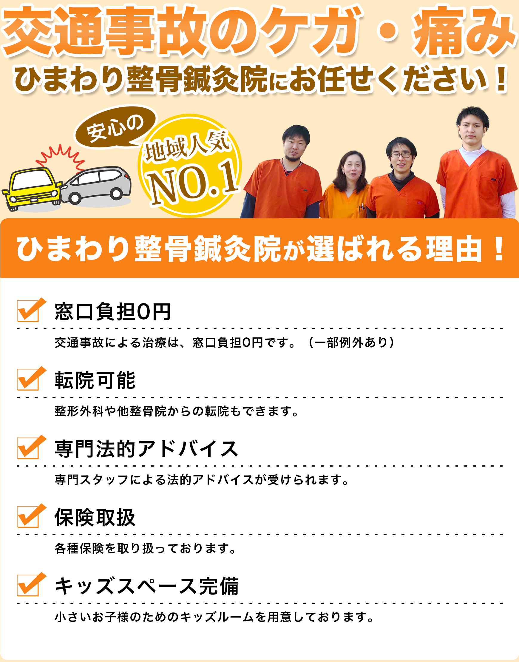 交通事故のケガ・痛み　ひまわり整骨鍼灸院にお任せください！　安心の地域人気NO.1　ひまわり整骨鍼灸院が選ばれる理由！　窓口負担0円　交通事故による治療は、窓口負担0円です。（一部例外あり）　転院可能　整形外科や他整骨院からの転院もできます。　専門法的アドバイス　専門スタッフによる法的アドバイスが受けられます。　保険取扱　各種保険を取り扱っております。　キッズスペース完備　小さいお子様のためのキッズスペースを用意しております。